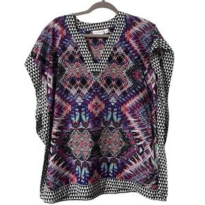 Bisou Bisou Multicolor Geometric Scarf Blouse Size Small Oversized Flowy Boho